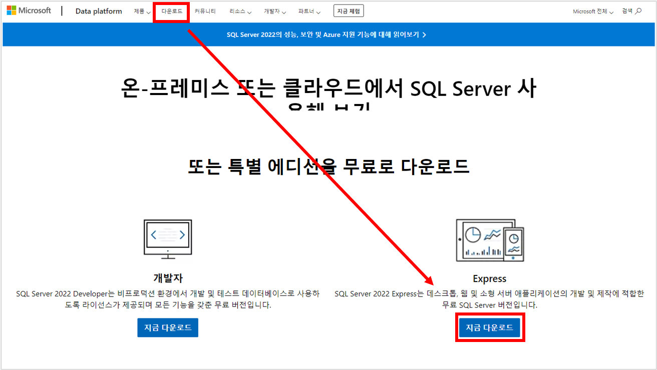 MS SQL Server 2022 다운로드 사이트에는 여러 종류의 버전이 있습니다.