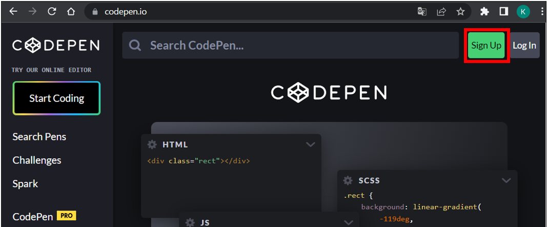 코드펜(CodePen) 커뮤니티 사이트에 무료로 가입할 수 있습니다.
