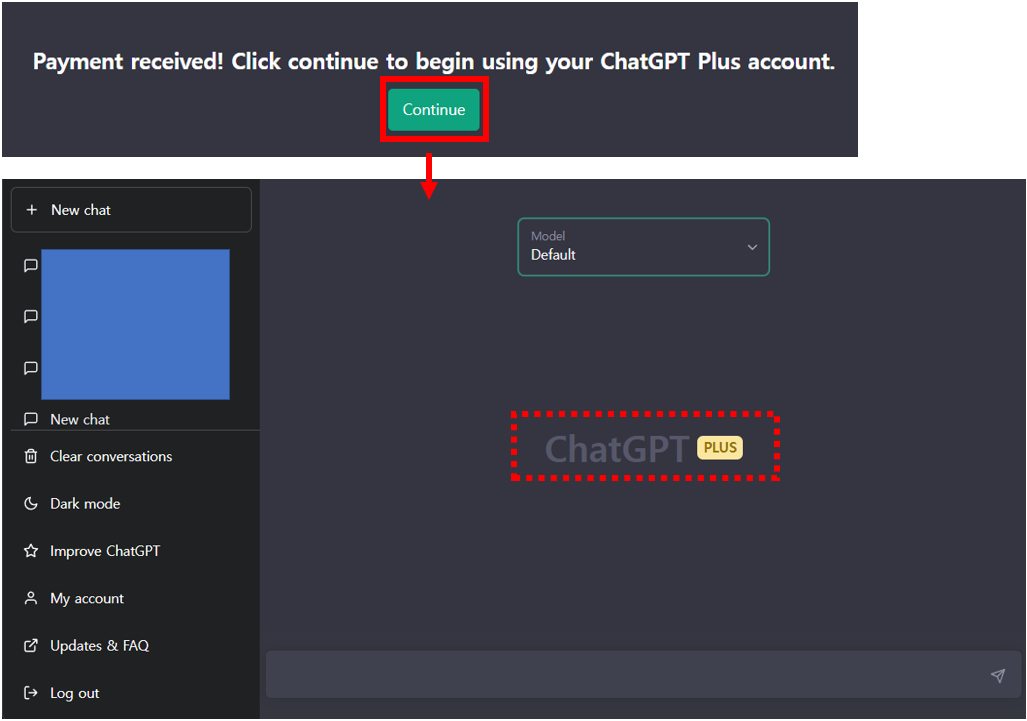 유료 구독 서비스 신청이 완료되면 ChatGPT Plus 서비스를 사용할 수 있습니다.