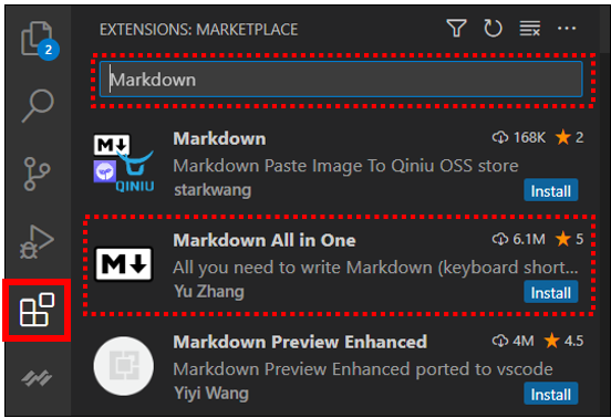 "Markdown All in One"을 입력하고 검색 결과로 나타난 "Markdown All in One" 확장을 선택한 후 설치 버튼을 클릭합니다.
