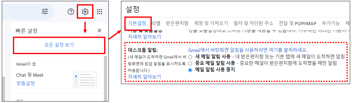 Gmail 알림 설정하는 방법 예시 화면입니다.