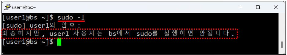 사용자가 sudo 권한이 없는 경우 예시