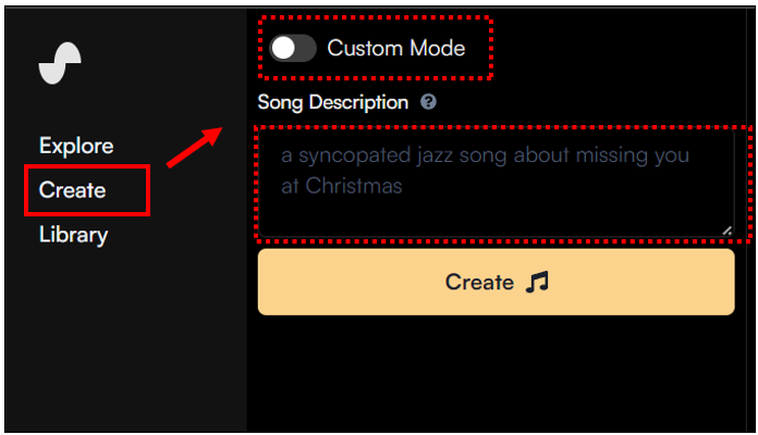 Create 메뉴를 클릭하여 음악을 생성할 수 있습니다.