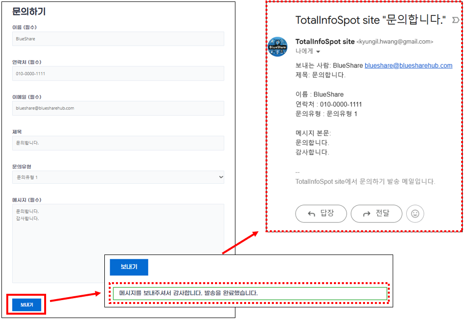 폼을 이메일로 전송하여 메시지가 성공적으로 전송되었는지 확인하고, 이메일 수신 여부를 체크합니다.