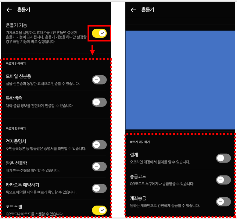 항목 토글(ON/OFF) 화면 / 코드스캔 ON 예시