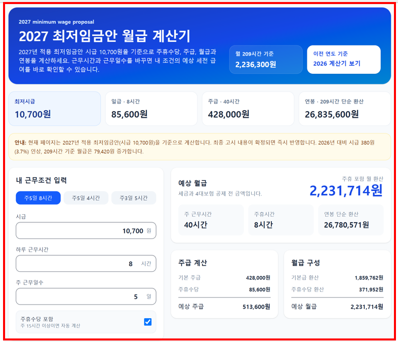 2027 최저임금 월급 계산기 화면